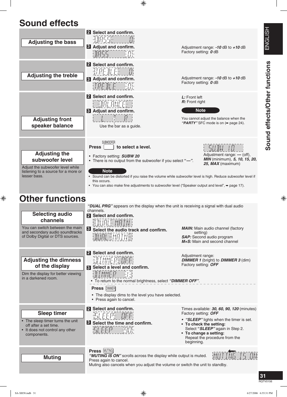 Other functions sound effects, Sound effects/other functions | Panasonic SA-XR58 User Manual | Page 31 / 40