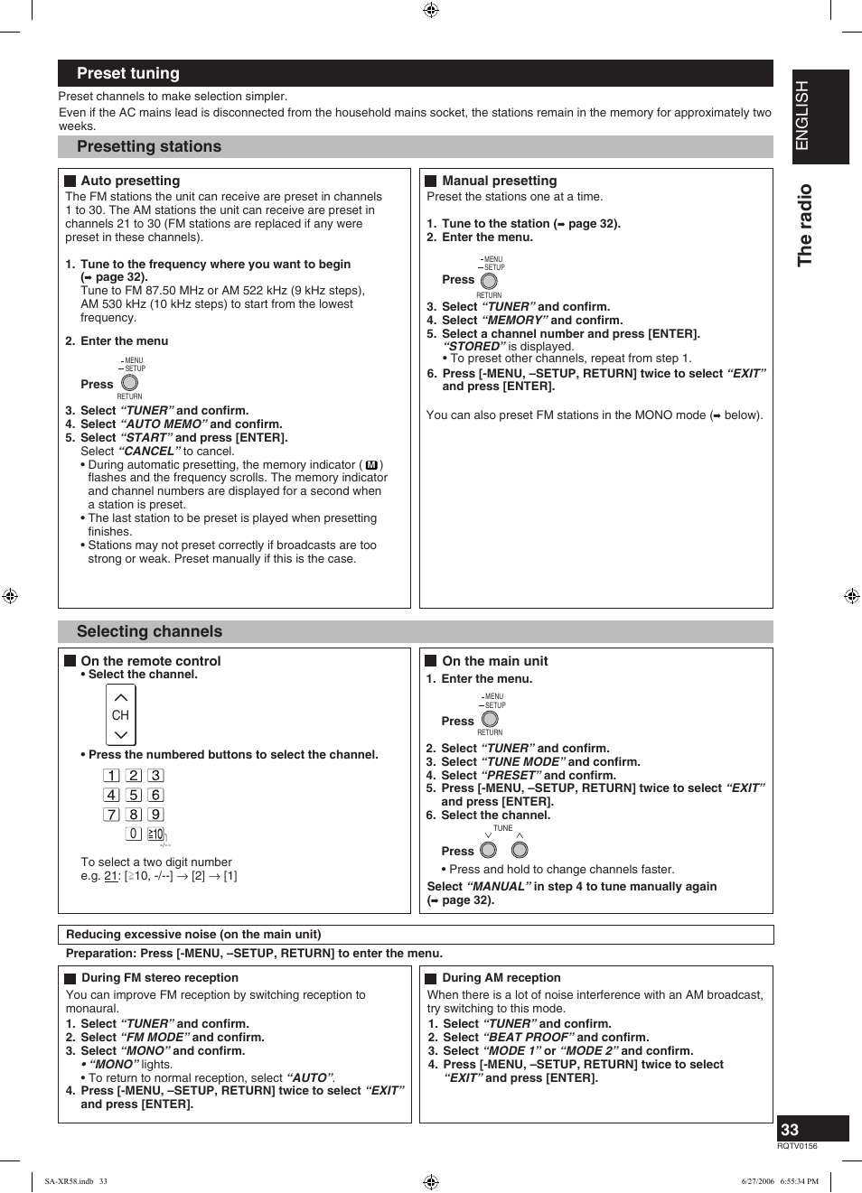 The radio, English, Preset tuning presetting stations | Selecting channels | Panasonic SA-XR58 User Manual | Page 33 / 40