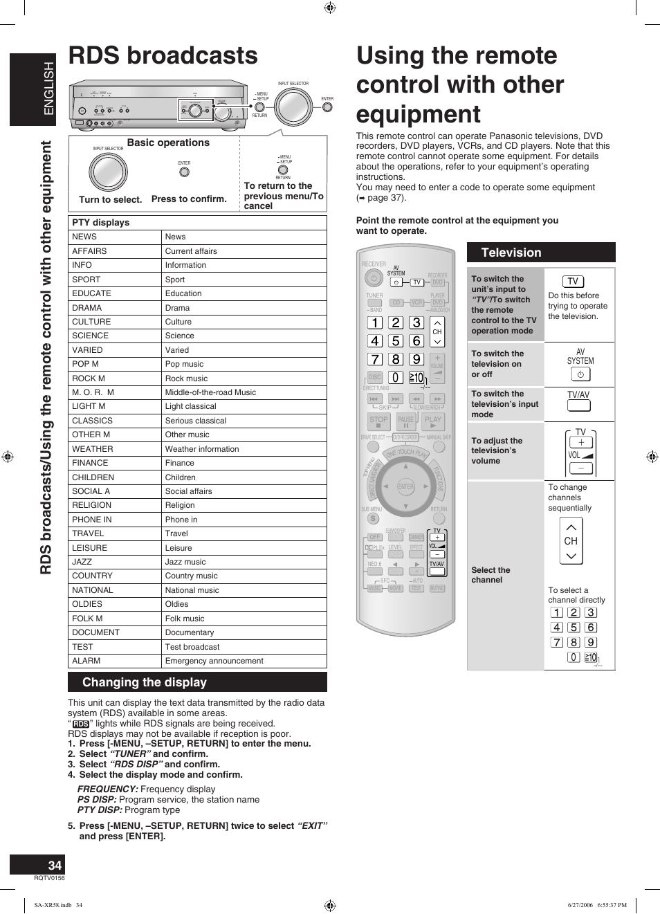 Rds broadcasts, Using the remote control with other equipment, English | Changing the display, Television, S video in video in l audio in r, Basic operations | Panasonic SA-XR58 User Manual | Page 34 / 40