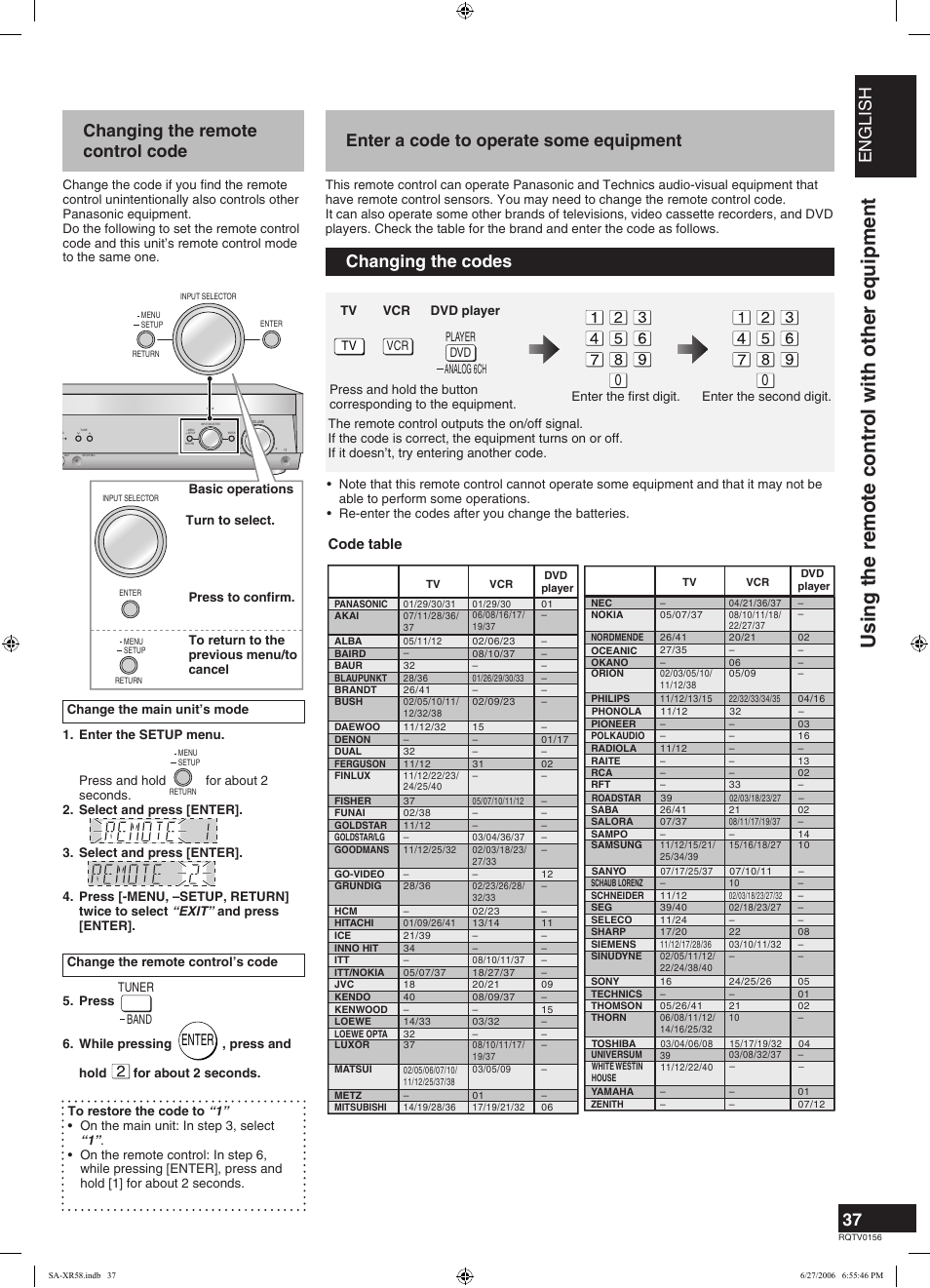 Using the remote control with other equipment, English, Changing the remote control code | Enter a code to operate some equipment, Changing the codes, Enter, Code table | Panasonic SA-XR58 User Manual | Page 37 / 40