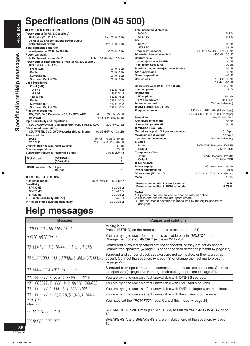 Help messages, Specifications/help messages, English | Panasonic SA-XR58 User Manual | Page 38 / 40