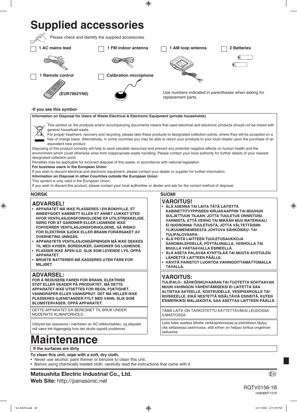 Supplied accessories, Maintenance, Advarsel | Varoitus | Panasonic SA-XR58 User Manual | Page 40 / 40