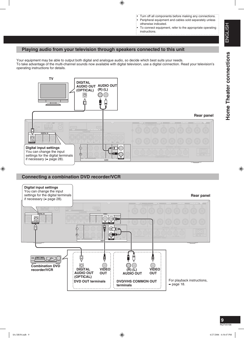 Home theater connections, English, Connecting a combination dvd recorder/vcr | Rear panel, Page 28), Page 18, Digital (r) (l) | Panasonic SA-XR58 User Manual | Page 9 / 40