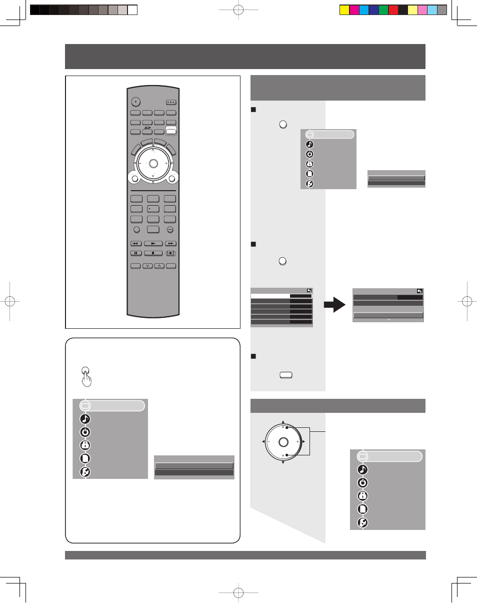 Basic menu navigation, Example of a procedure, Press to display main menu | Pc input menu) | Panasonic PT 61LCX65 User Manual | Page 26 / 80