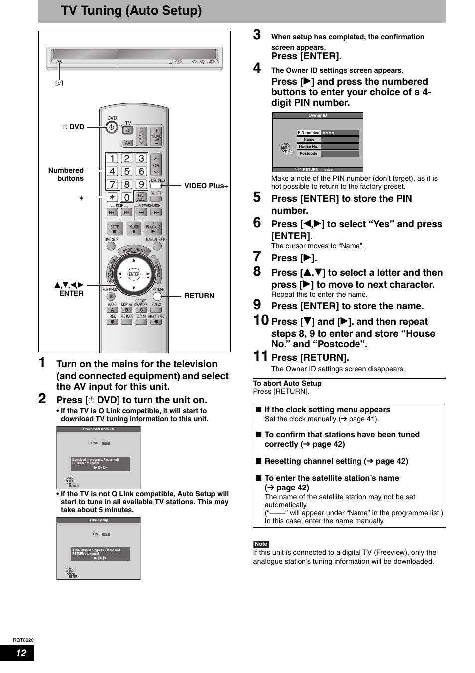 Tv tuning (auto setup), Press [ ^ dvd] to turn the unit on, Press [enter | Press [enter] to store the pin number, Press [ w , q ] to select “yes” and press [enter, Press [ q, Press [enter] to store the name, Press [return | Panasonic DMR-ES15EB User Manual | Page 12 / 52