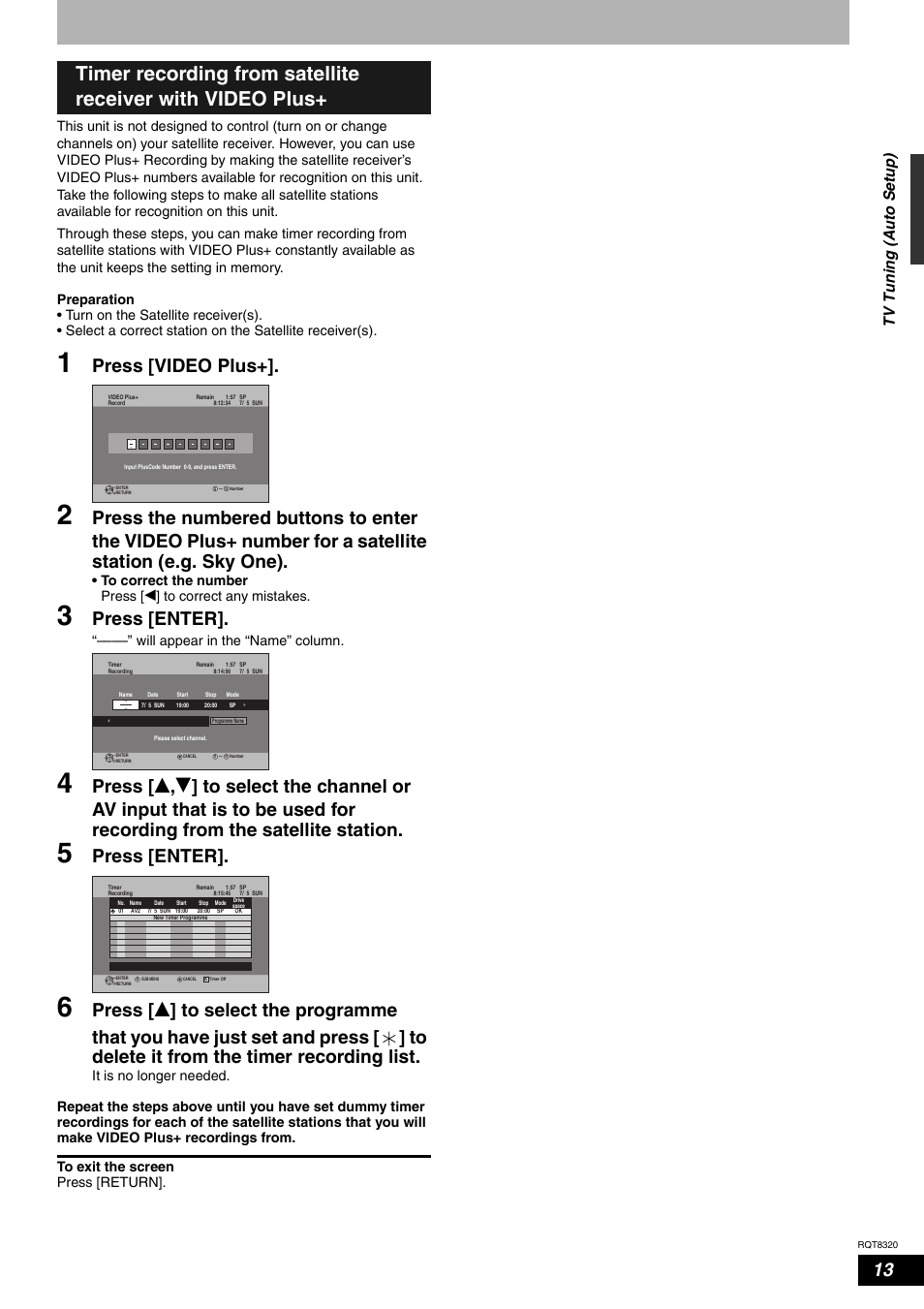 Press [video plus, Press [enter, Tv tuning (auto s etup) | Will appear in the “name” column | Panasonic DMR-ES15EB User Manual | Page 13 / 52