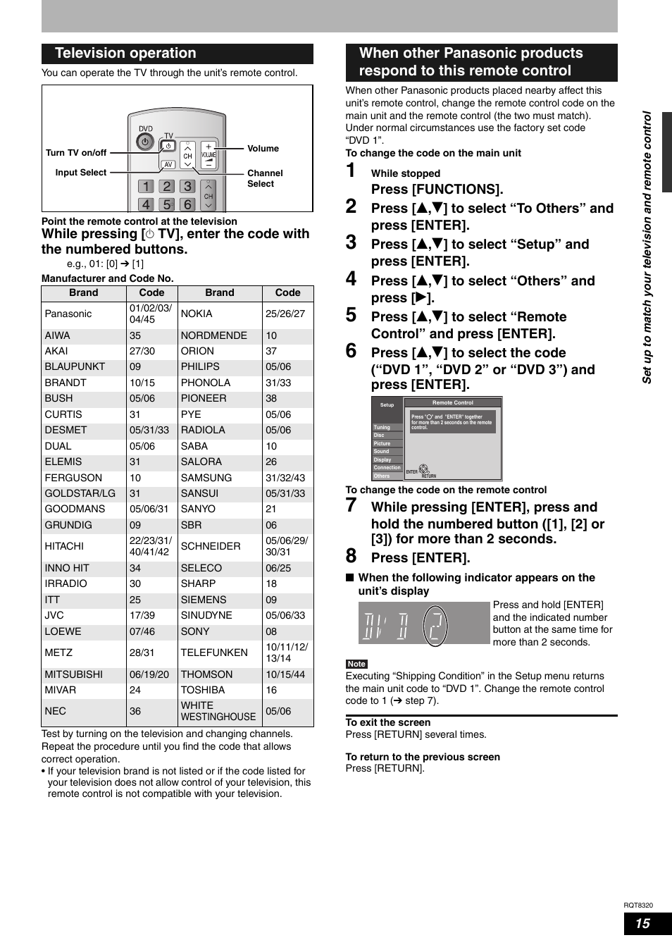 Television operation, Press [functions, Press [ e , r ] to select “setup” and press [enter | Press [ e , r ] to select “others” and press [ q, Press [enter | Panasonic DMR-ES15EB User Manual | Page 15 / 52