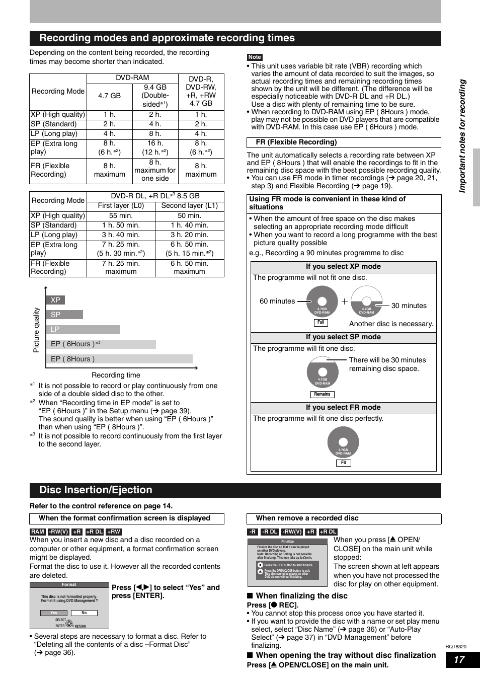 Recording modes and approximate recording times, Disc insertion/ejection | Panasonic DMR-ES15EB User Manual | Page 17 / 52