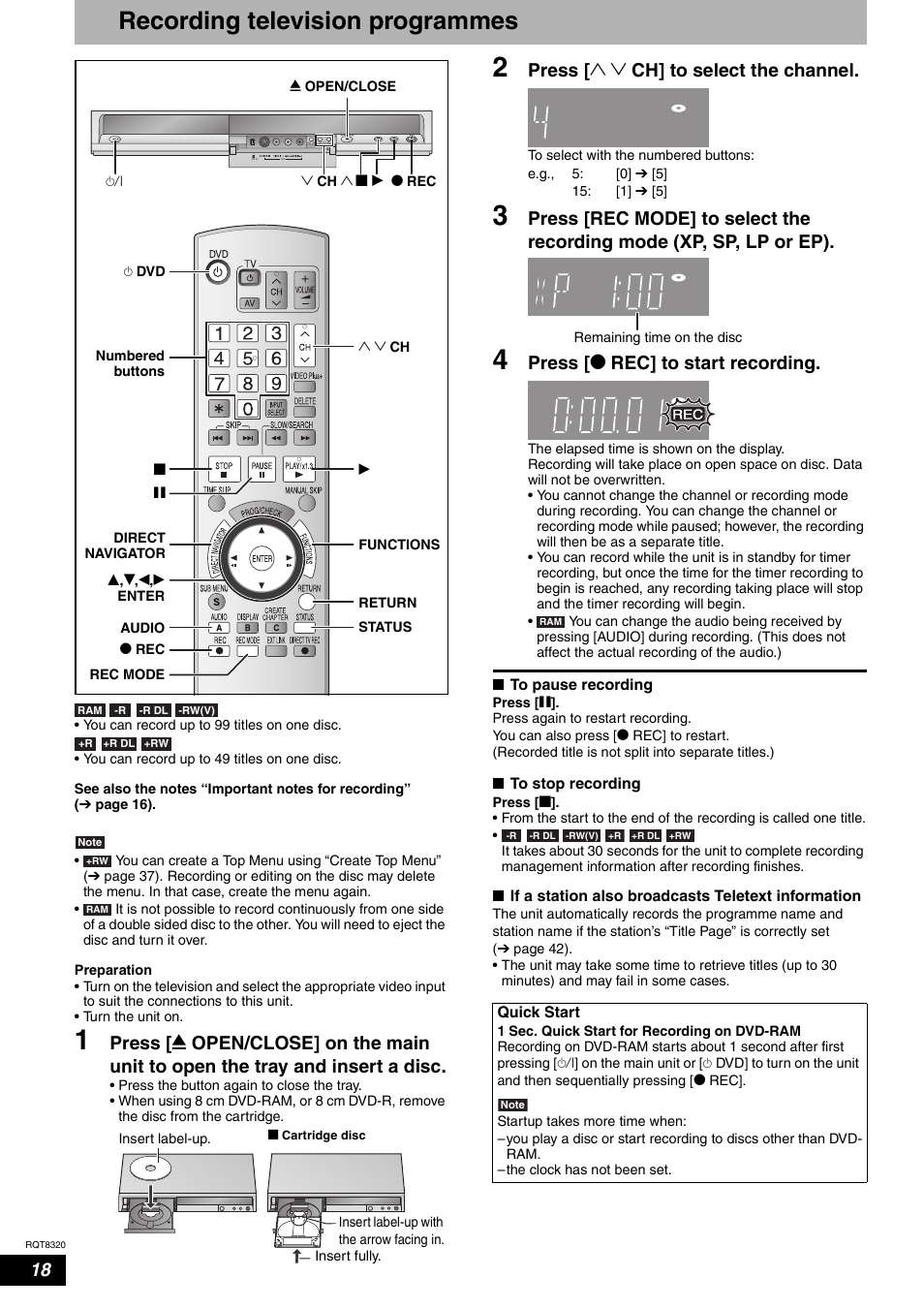 Recording television programmes, Press [ 1 2 ch] to select the channel, Press [ * rec] to start recording | Panasonic DMR-ES15EB User Manual | Page 18 / 52