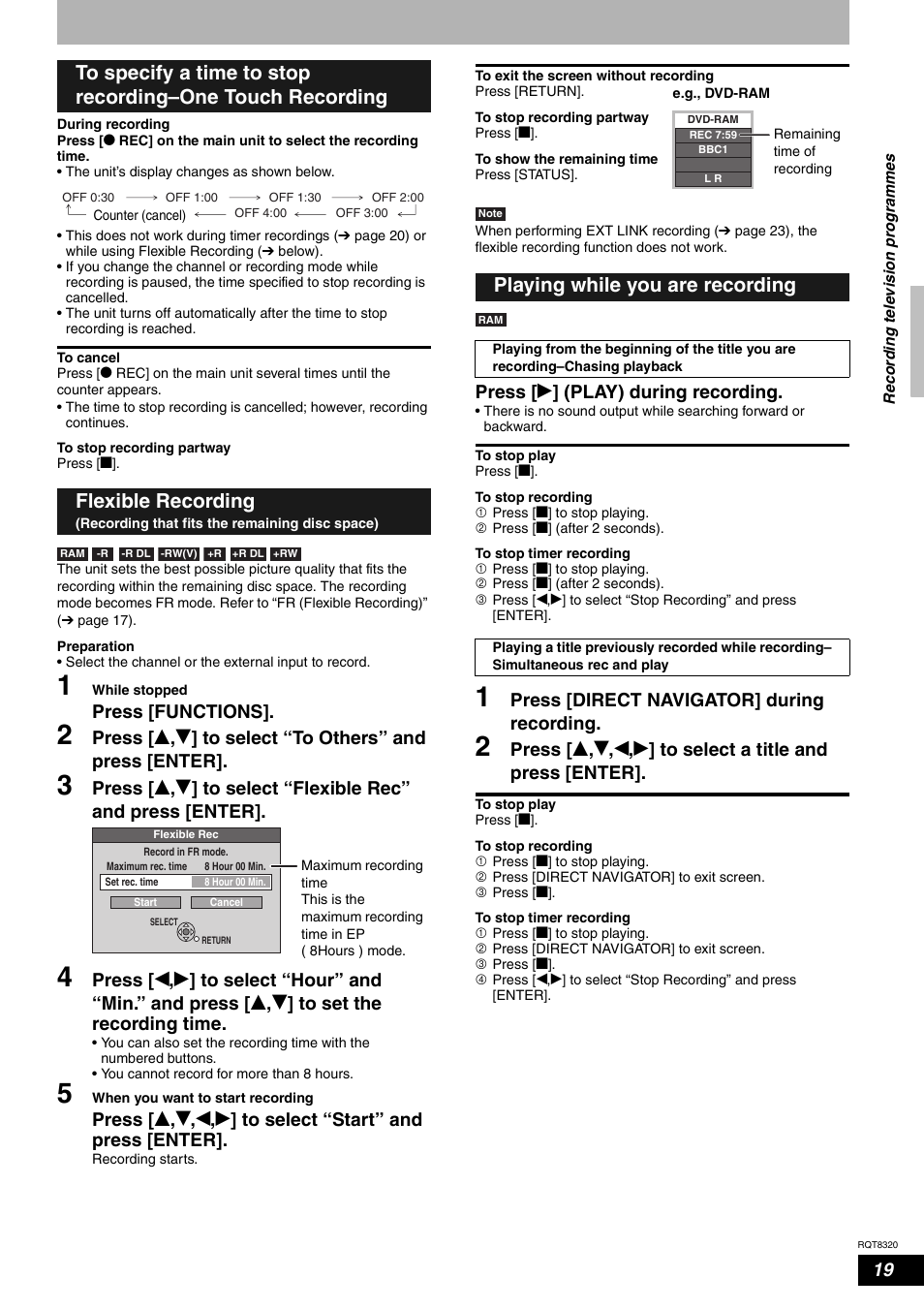 Playing while you are recording, Press [functions, Press [ q ] (play) during recording | Press [direct navigator] during recording | Panasonic DMR-ES15EB User Manual | Page 19 / 52