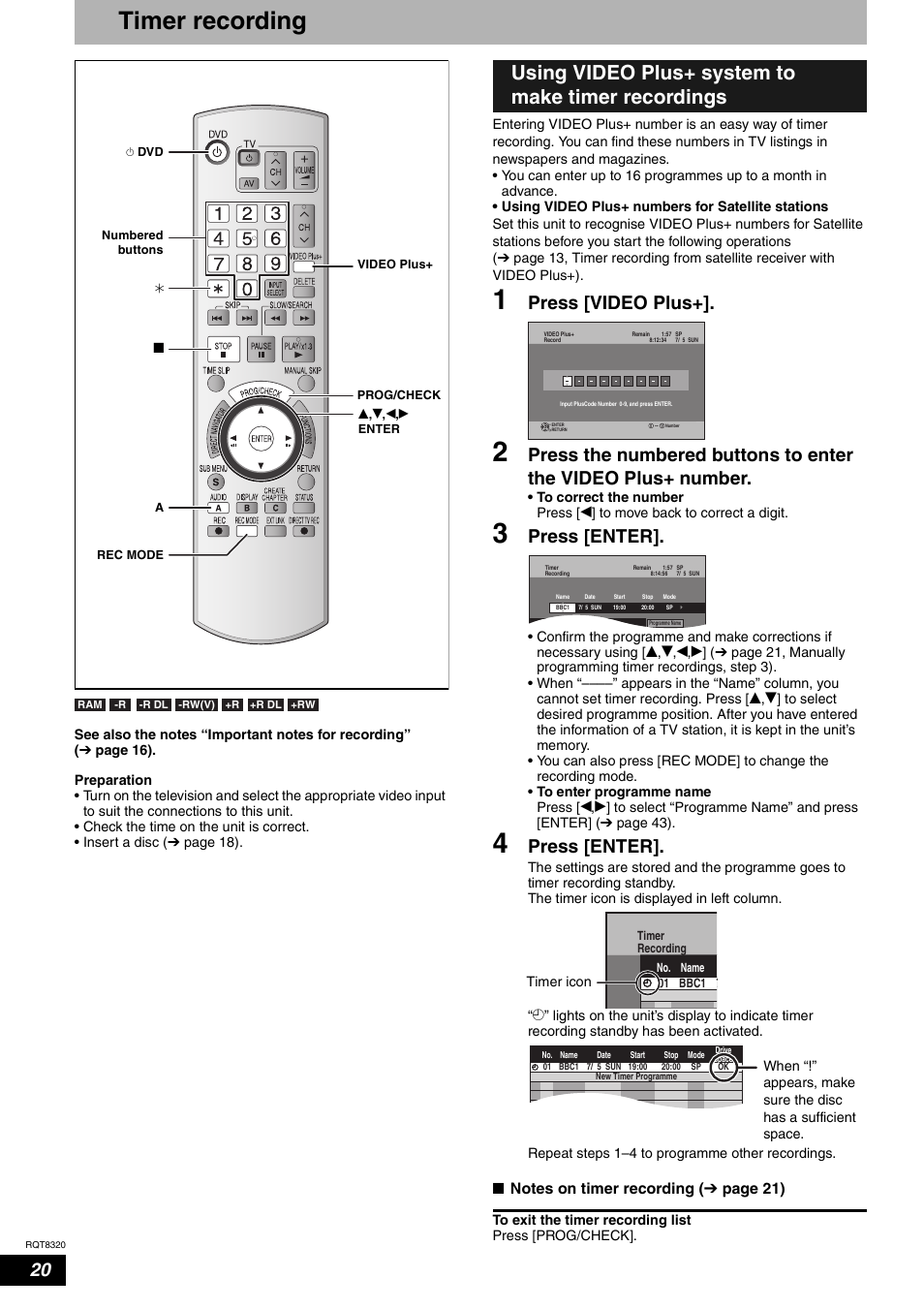 Timer recording, Using video plus+ system to make timer recordings, Press [video plus | Press [enter | Panasonic DMR-ES15EB User Manual | Page 20 / 52