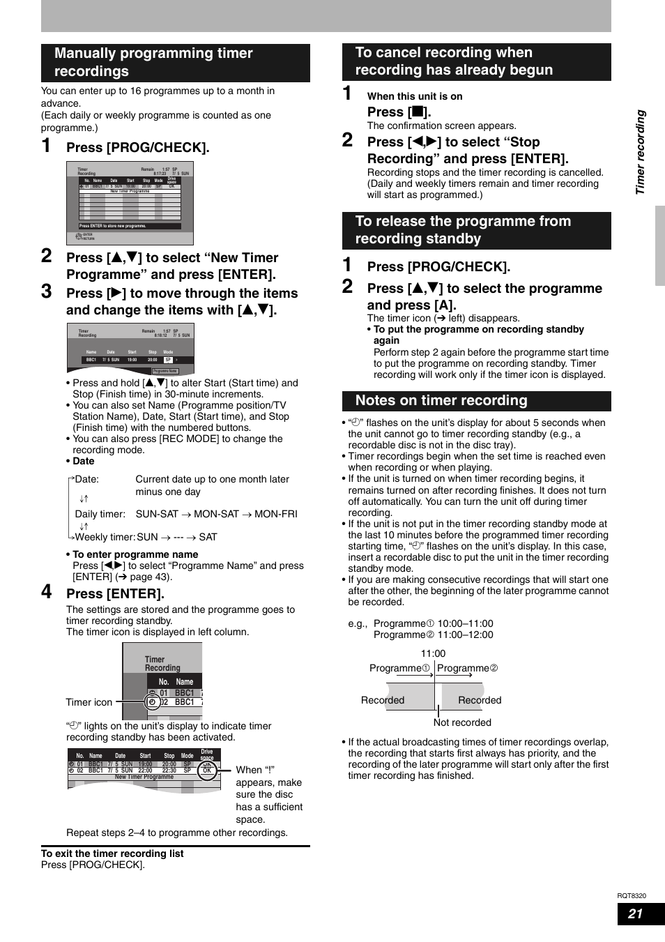 Manually programming timer recordings, Press [prog/check, Press [enter | Press [ g | Panasonic DMR-ES15EB User Manual | Page 21 / 52