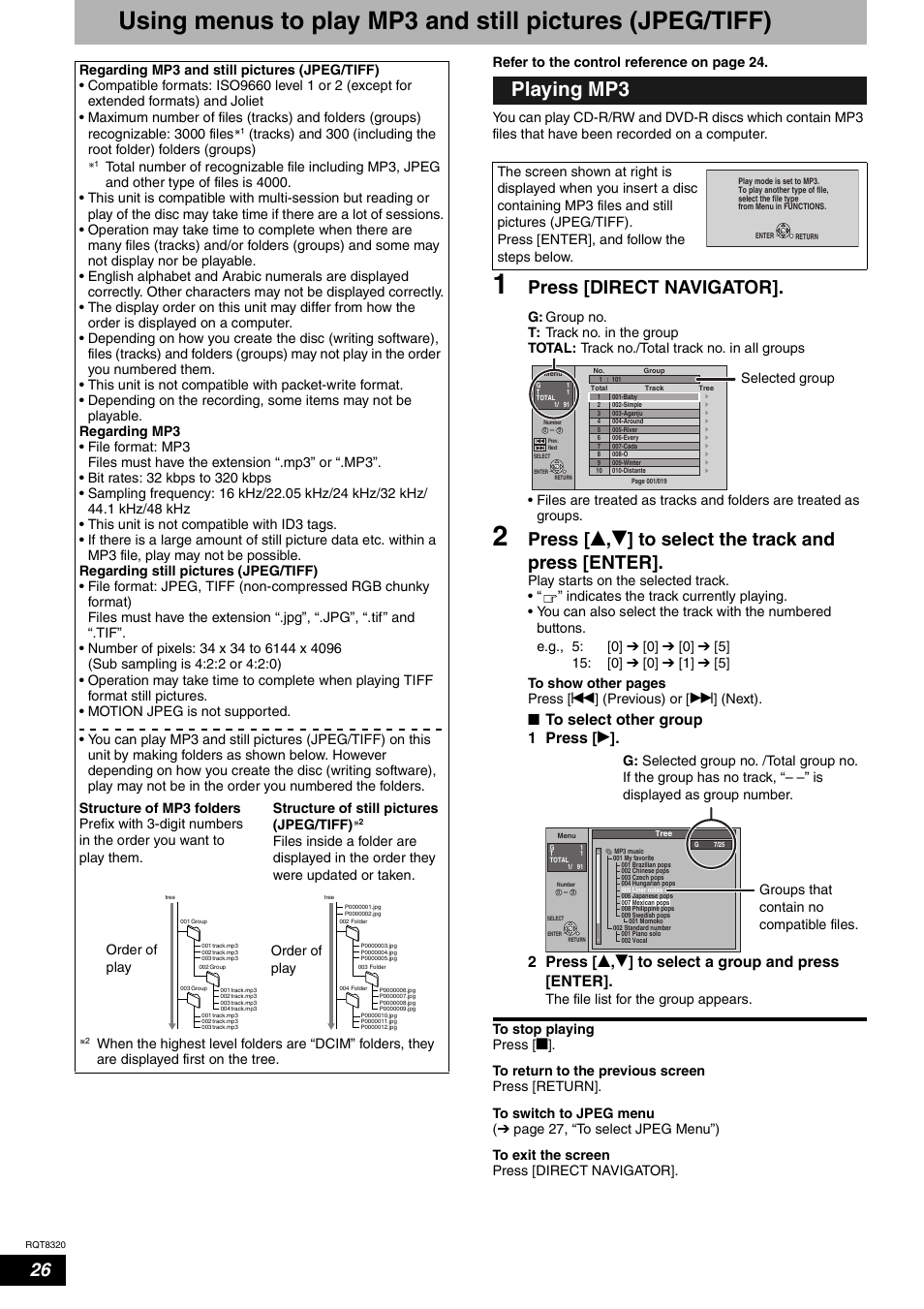 Playing mp3, Press [direct navigator, Order of play | Panasonic DMR-ES15EB User Manual | Page 26 / 52