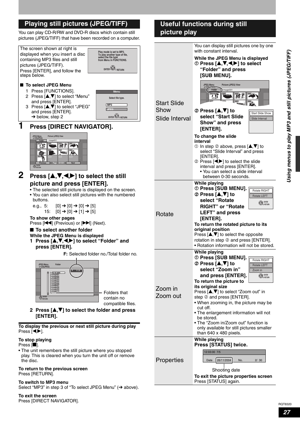 Playing still pictures (jpeg/tiff), Useful functions during still picture play, Press [direct navigator | Start slide show slide interval, Rotate, Zoom in zoom out, Properties, Nto select another folder, Press [status] twice | Panasonic DMR-ES15EB User Manual | Page 27 / 52