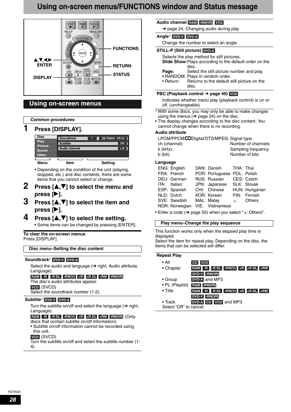 Using on-screen menus, Press [display, Press [ e , r ] to select the menu and press [ q | Press [ e , r ] to select the item and press [ q, Press [ e , r ] to select the setting | Panasonic DMR-ES15EB User Manual | Page 28 / 52