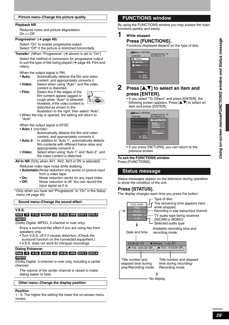 Functions window status message, Press [functions, Press [ e , r ] to select an item and press [enter | Press [status | Panasonic DMR-ES15EB User Manual | Page 29 / 52