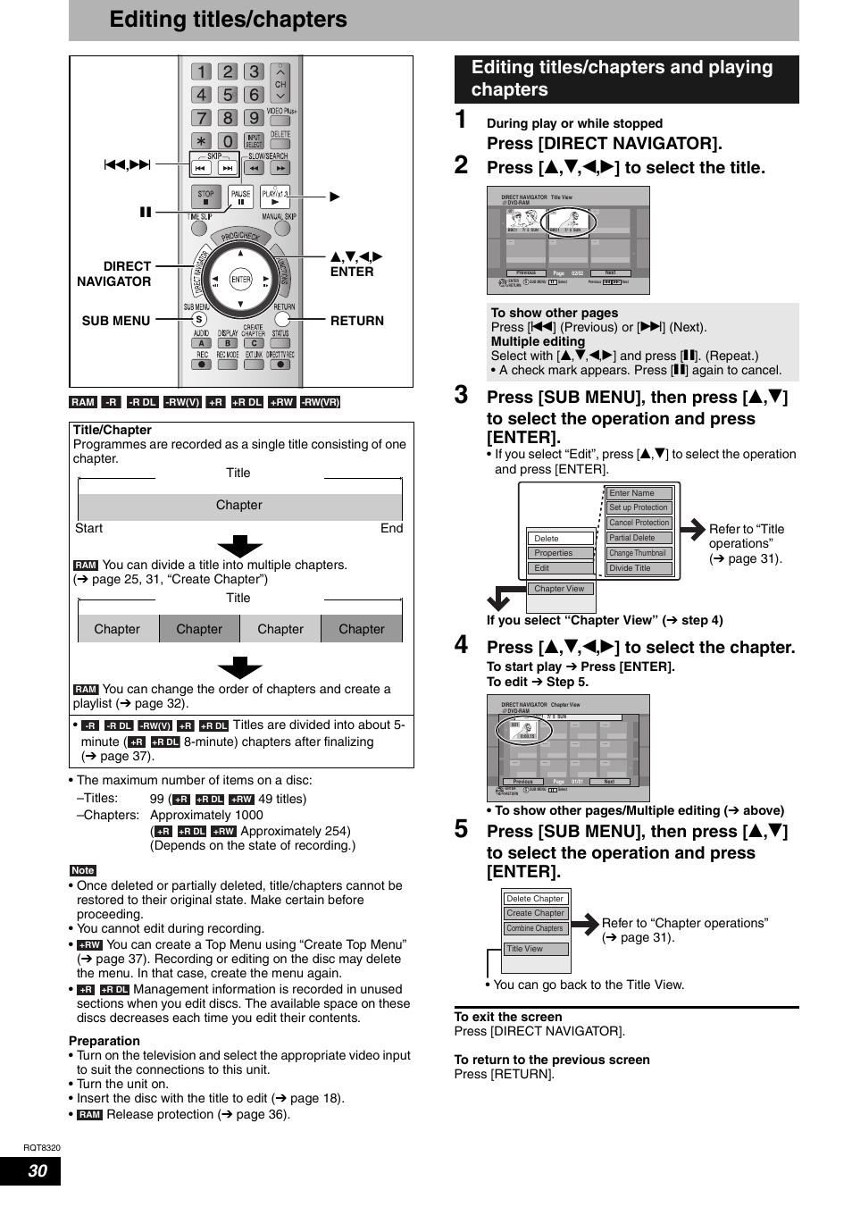 Editing titles/chapters, Editing titles/chapters and playing chapters, Press [direct navigator | Press [ e , r , w , q ] to select the title, Press [ e , r , w , q ] to select the chapter | Panasonic DMR-ES15EB User Manual | Page 30 / 52