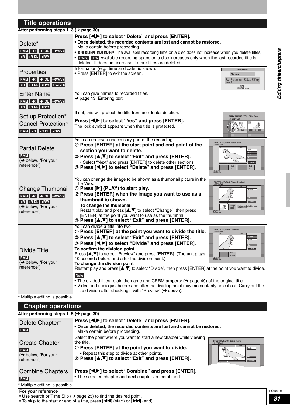 Title operations, Chapter operations, Delete | Properties, Enter name, Set up protection cancel protection, Partial delete, Change thumbnail, Divide title, Delete chapter | Panasonic DMR-ES15EB User Manual | Page 31 / 52