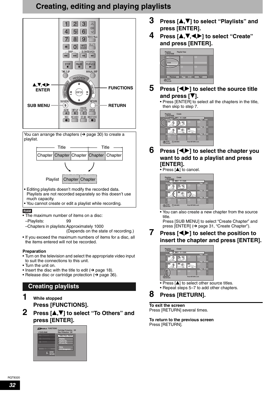 Creating, editing and playing playlists, Creating playlists, Press [functions | Press [return, While stopped | Panasonic DMR-ES15EB User Manual | Page 32 / 52