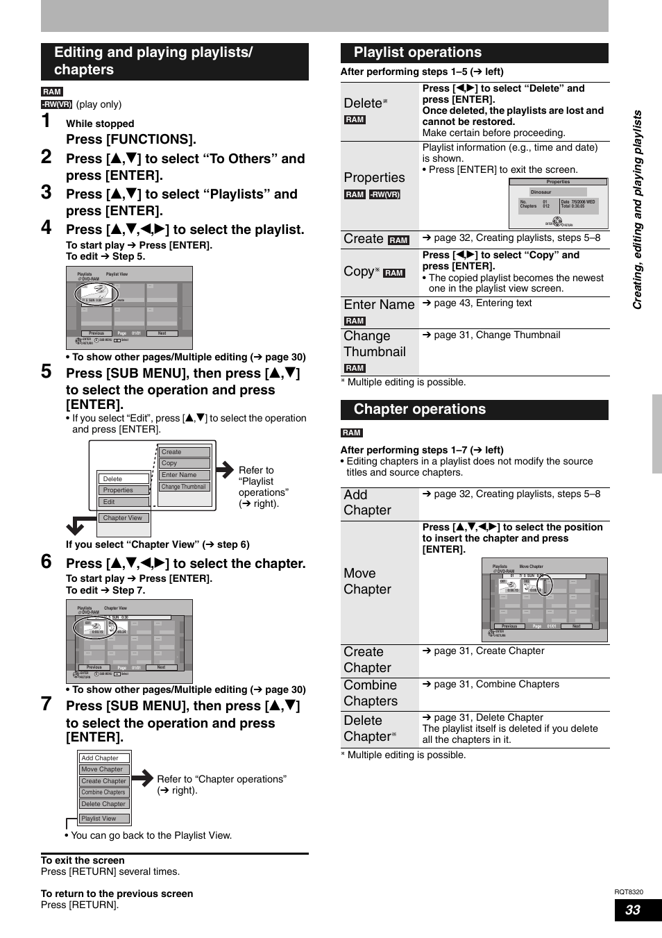 Editing and playing playlists/ chapters, Playlist operations, Chapter operations | Press [functions, Press [ e , r , w , q ] to select the playlist, Press [ e , r , w , q ] to select the chapter, Delete, Properties, Create, Copy | Panasonic DMR-ES15EB User Manual | Page 33 / 52