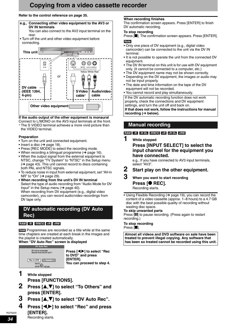 Copying from a video cassette recorder, Dv automatic recording (dv auto rec), Manual recording | Press [functions, Press [ e , r ] to select “dv auto rec, Press [ w , q ] to select “rec” and press [enter, Start play on the other equipment, Press [ * rec | Panasonic DMR-ES15EB User Manual | Page 34 / 52