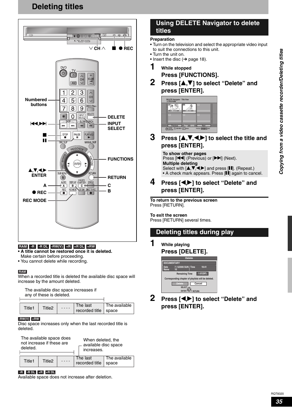 Deleting titles, Using delete navigator to delete titles, Deleting titles during play | Press [functions, Press [delete | Panasonic DMR-ES15EB User Manual | Page 35 / 52