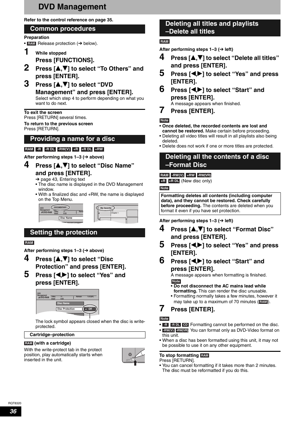 Dvd management, Press [functions, Press [ w , q ] to select “yes” and press [enter | Press [ w , q ] to select “start” and press [enter, Press [enter | Panasonic DMR-ES15EB User Manual | Page 36 / 52