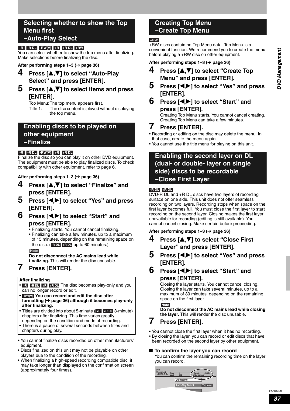 Press [ e , r ] to select items and press [enter, Press [ w , q ] to select “yes” and press [enter, Press [ w , q ] to select “start” and press [enter | Press [enter | Panasonic DMR-ES15EB User Manual | Page 37 / 52