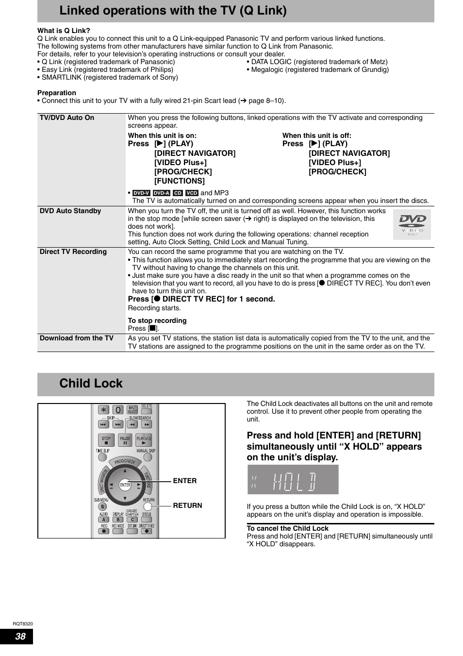 Linked operations with the tv (q link), Child lock | Panasonic DMR-ES15EB User Manual | Page 38 / 52