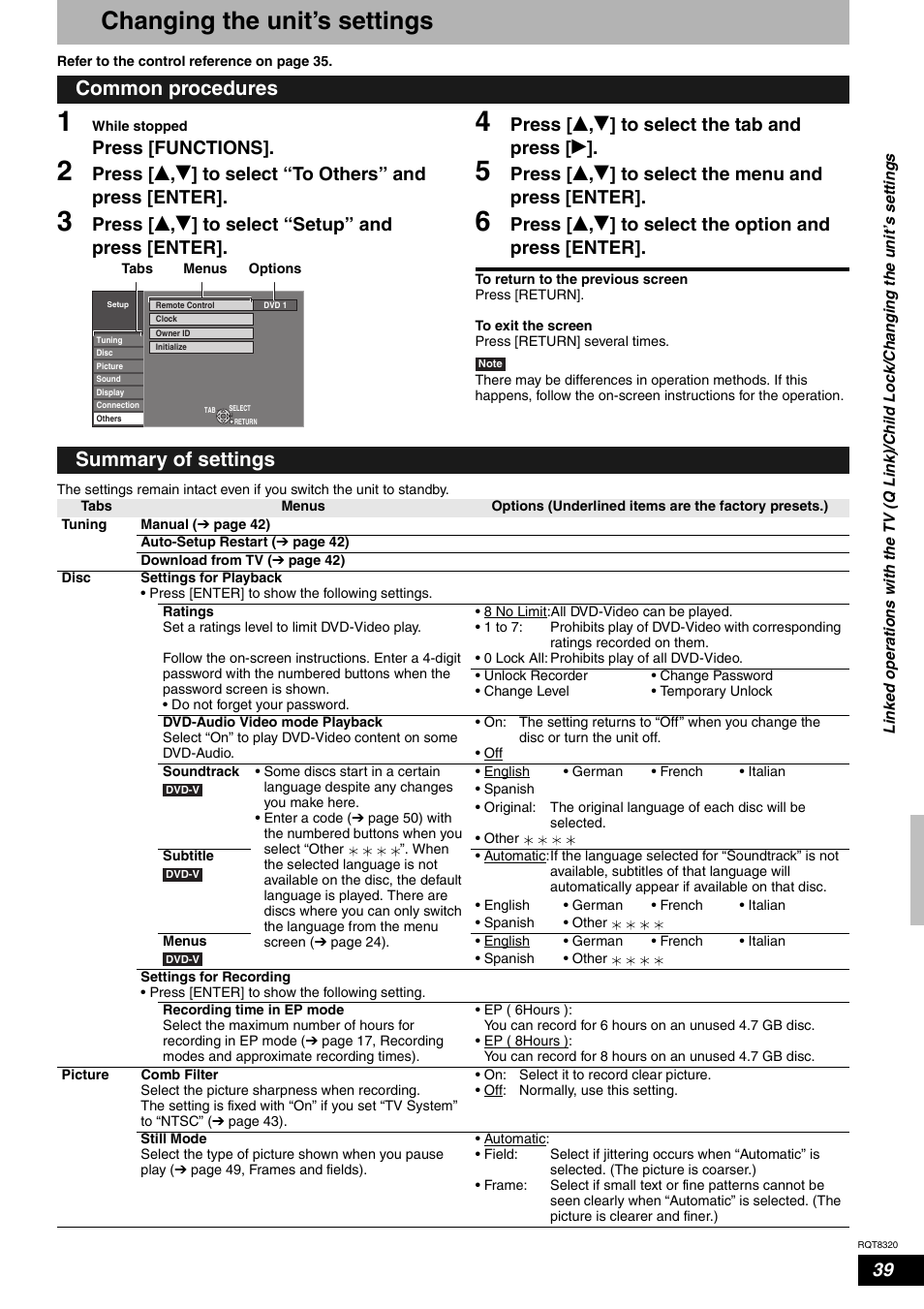 Changing the unit’s settings, Common procedures, Summary of settings | Press [functions, Press [ e , r ] to select “setup” and press [enter, Press [ e , r ] to select the tab and press [ q | Panasonic DMR-ES15EB User Manual | Page 39 / 52