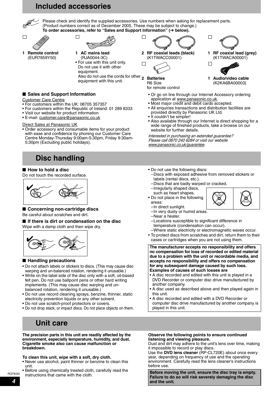 Included accessories, Disc handling, Unit care | Panasonic DMR-ES15EB User Manual | Page 4 / 52