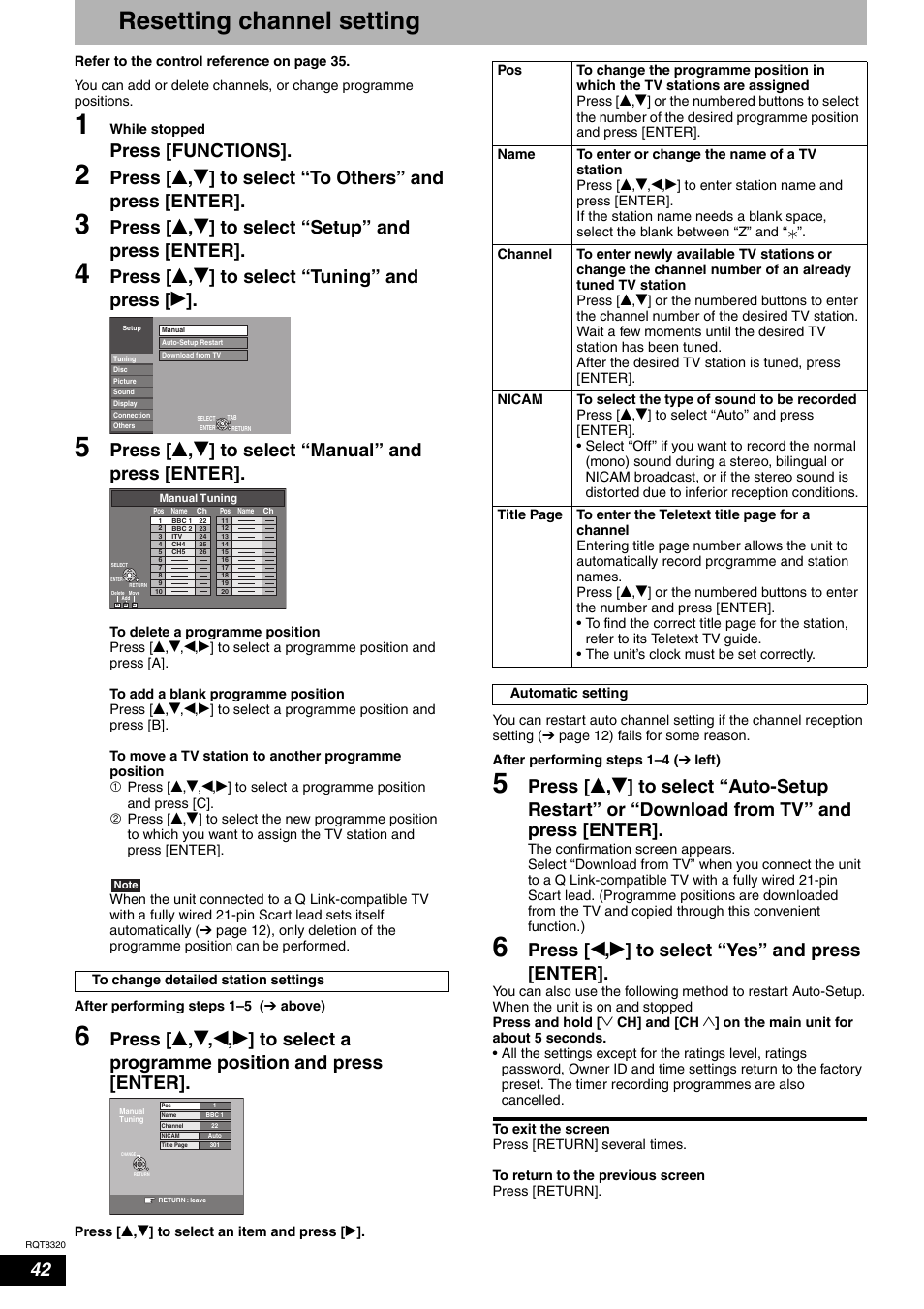 Resetting channel setting, Press [functions, Press [ e , r ] to select “setup” and press [enter | Press [ e , r ] to select “tuning” and press [ q, Press [ w , q ] to select “yes” and press [enter | Panasonic DMR-ES15EB User Manual | Page 42 / 52