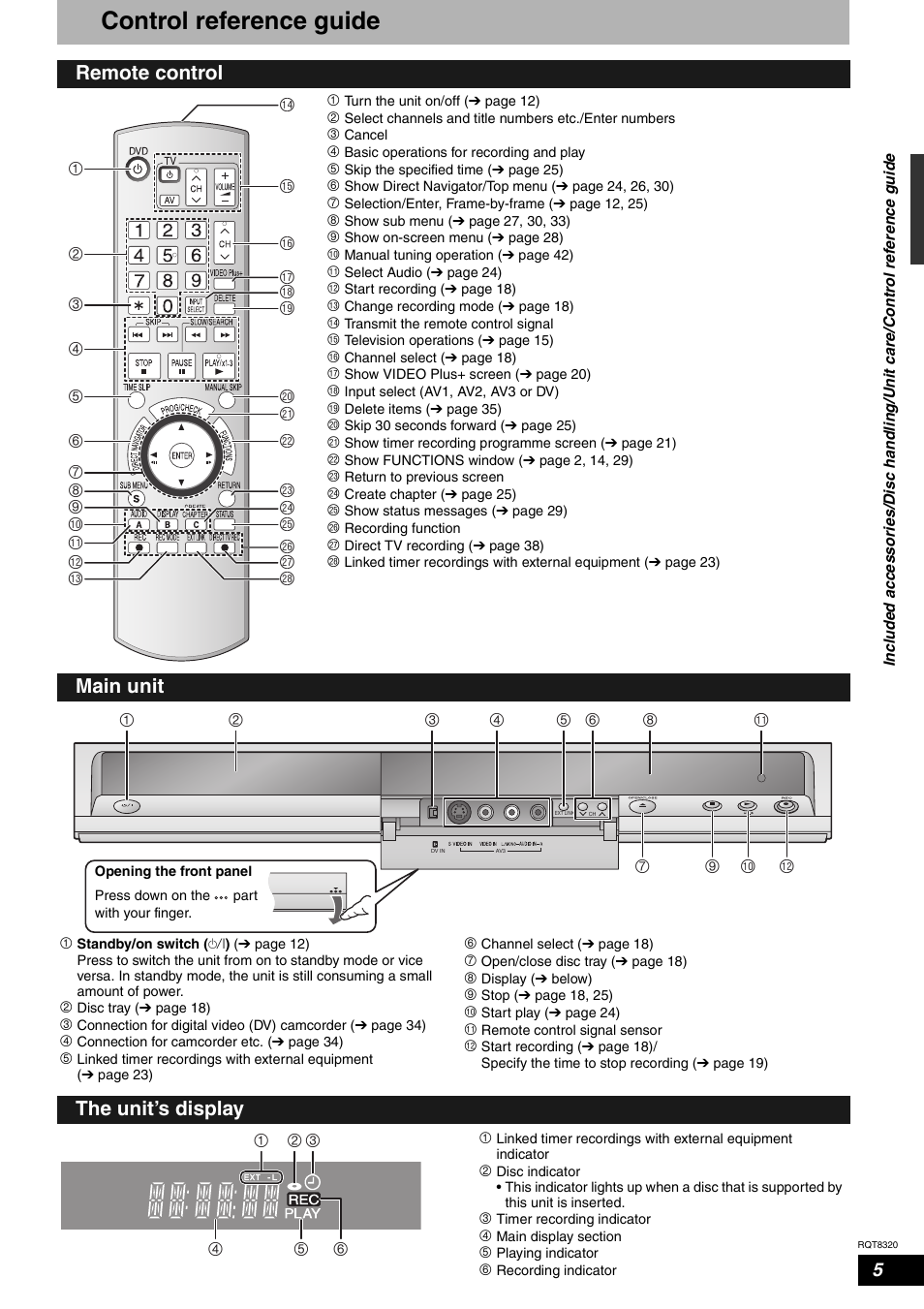 Control reference guide, Remote control main unit the unit’s display | Panasonic DMR-ES15EB User Manual | Page 5 / 52