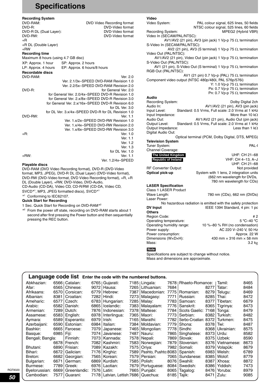 Specifications, Language code list | Panasonic DMR-ES15EB User Manual | Page 50 / 52