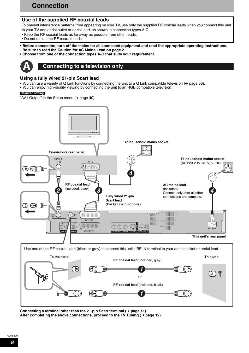 Connection, Connecting to a television only, Use of the supplied rf coaxial leads | Panasonic DMR-ES15EB User Manual | Page 8 / 52