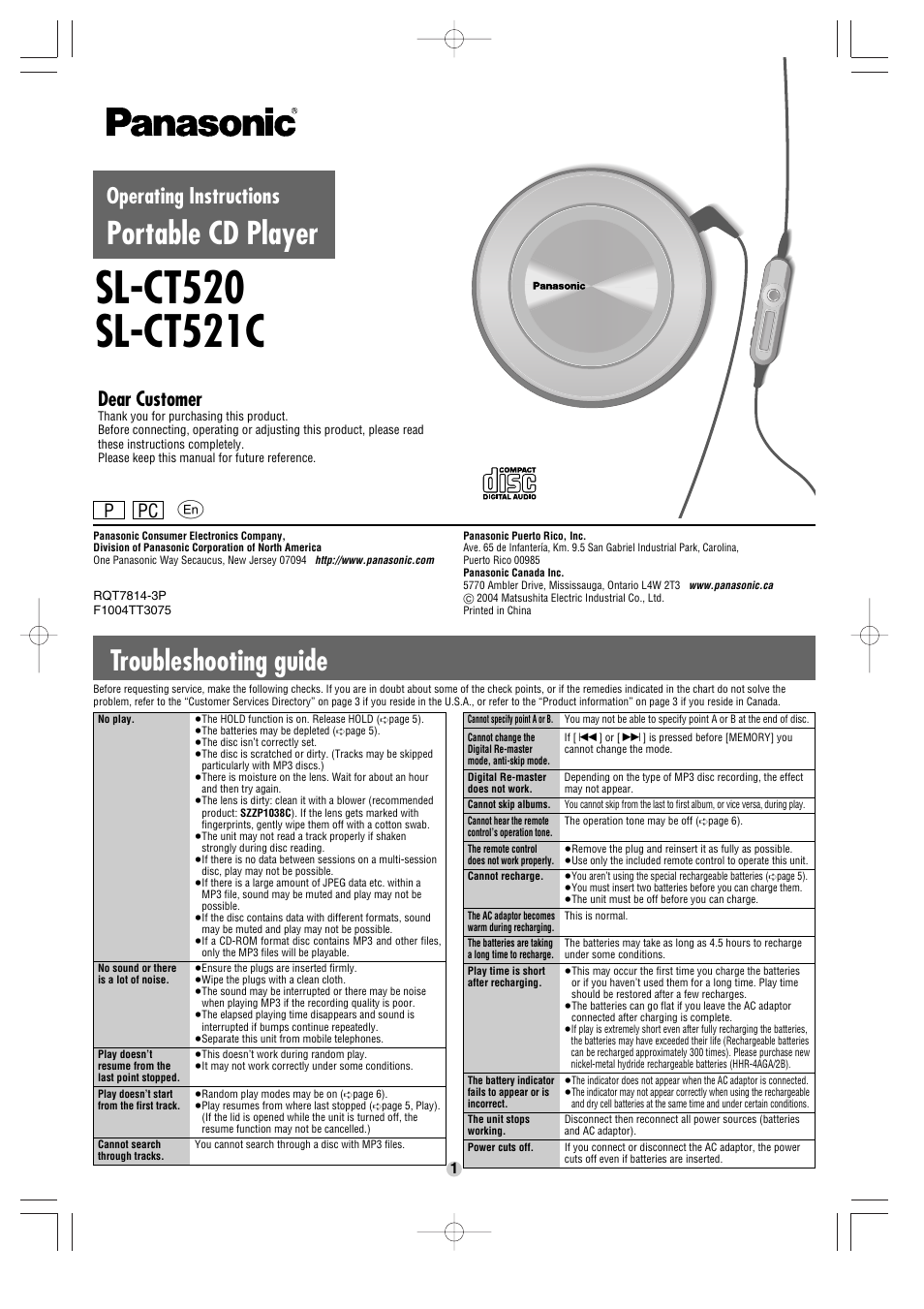 Panasonic SL-CT521C User Manual | 6 pages