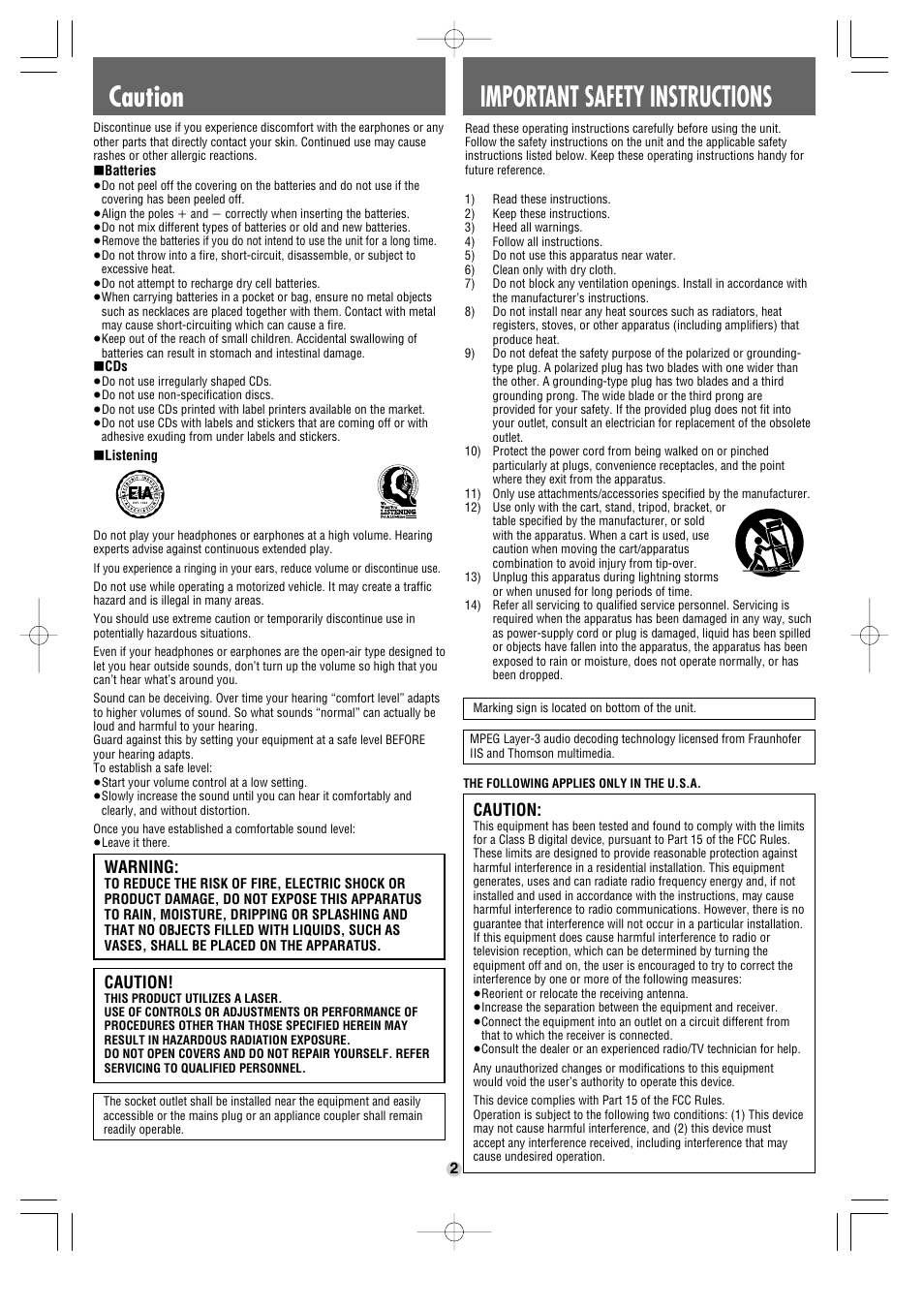 Important safety instructions, Caution, Warning | Panasonic SL-CT521C User Manual | Page 2 / 6