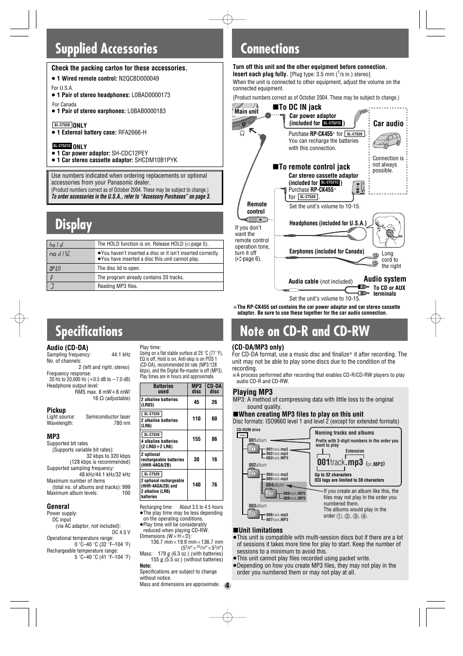 Supplied accessories, Connections, Display | 001 track .mp3, Audio system, Playing mp3 | Panasonic SL-CT521C User Manual | Page 4 / 6