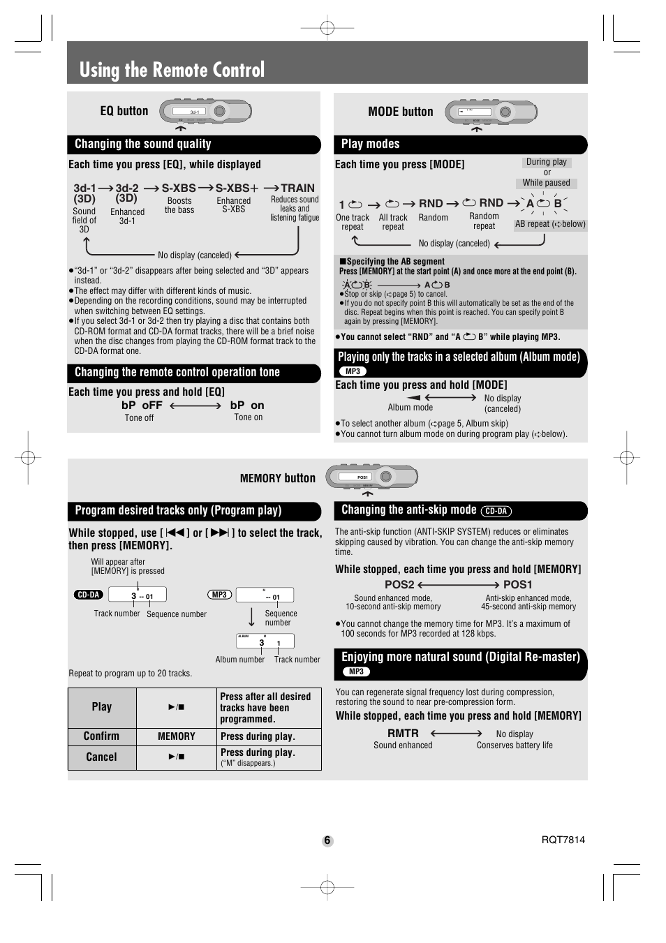 Using the remote control, Mode button, Eq button | Button, Each time you press and hold [eq, Rnd a 1, Each time you press [mode, Bp on bp off, Each time you press and hold [mode, Confirm | Panasonic SL-CT521C User Manual | Page 6 / 6