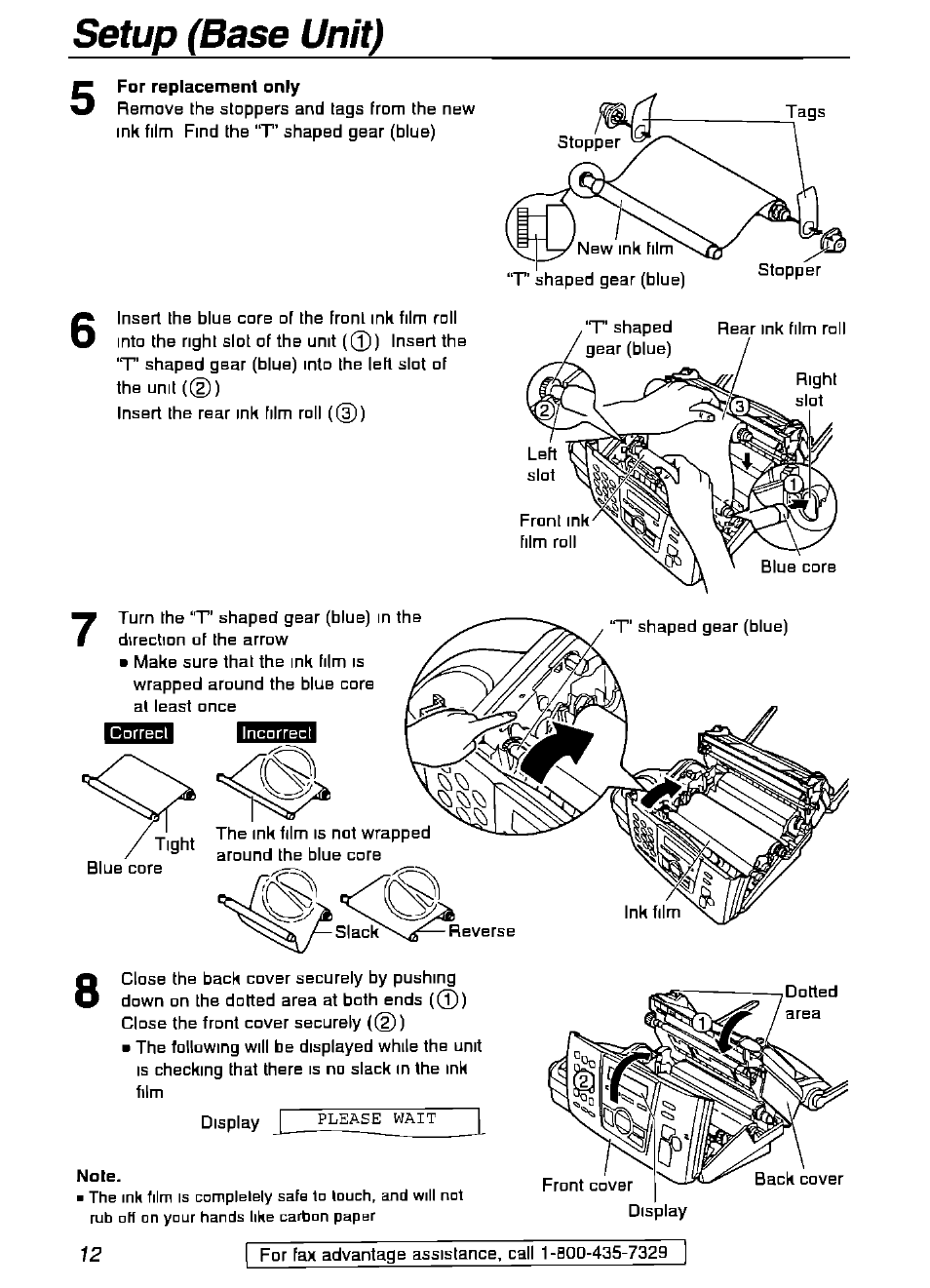For replacement only, Note, Setup (base unit) | Panasonic KX-FPG175 User Manual | Page 12 / 96