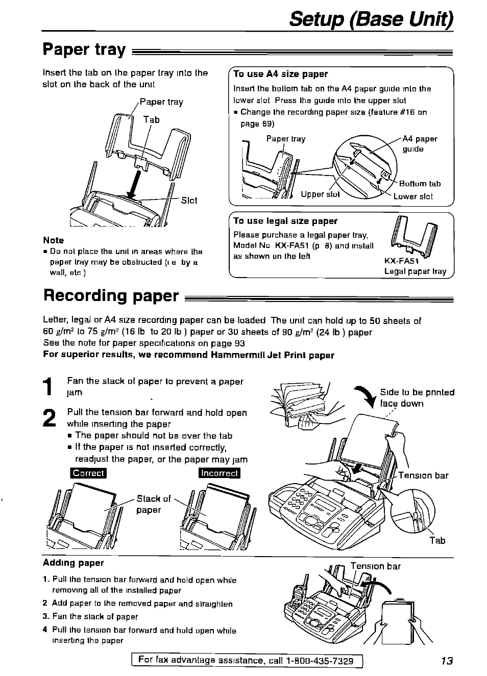 Paper tray, Recording paper, To use a4 size paper | To use legal size paper, Adding paper, Setup (base unit) paper tray | Panasonic KX-FPG175 User Manual | Page 13 / 96