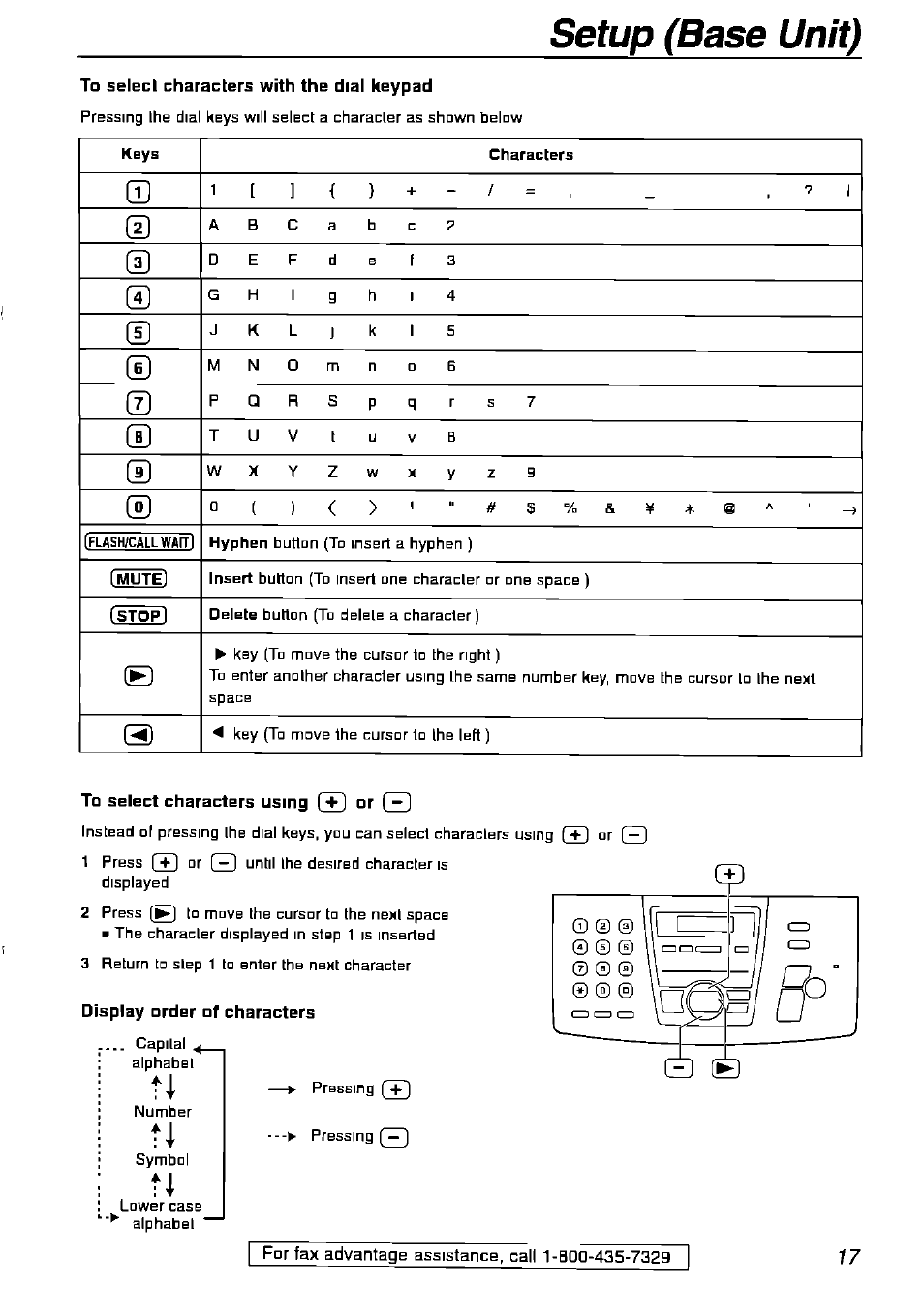 To selecl characters with the dial keypad, To select characters using c+d or c3, Display order of characters | Setup (base unit) | Panasonic KX-FPG175 User Manual | Page 17 / 96