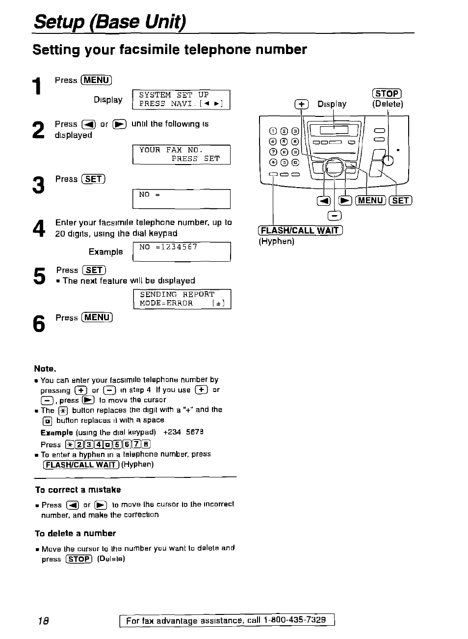 Setting your facsimile telephone number, Flash/call wait, Note | To correct a mistake, To delete a number, Setup (base unit) | Panasonic KX-FPG175 User Manual | Page 18 / 96