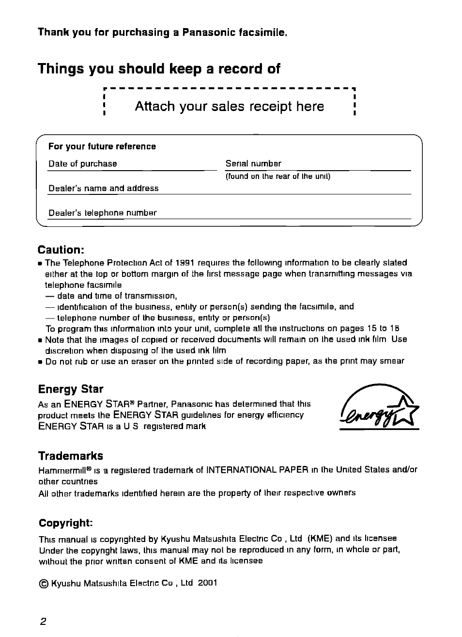 Things you should keep a record of, Attach your sales receipt here, For your future reference | Caution, Trademarks, Energy star, Copyright | Panasonic KX-FPG175 User Manual | Page 2 / 96