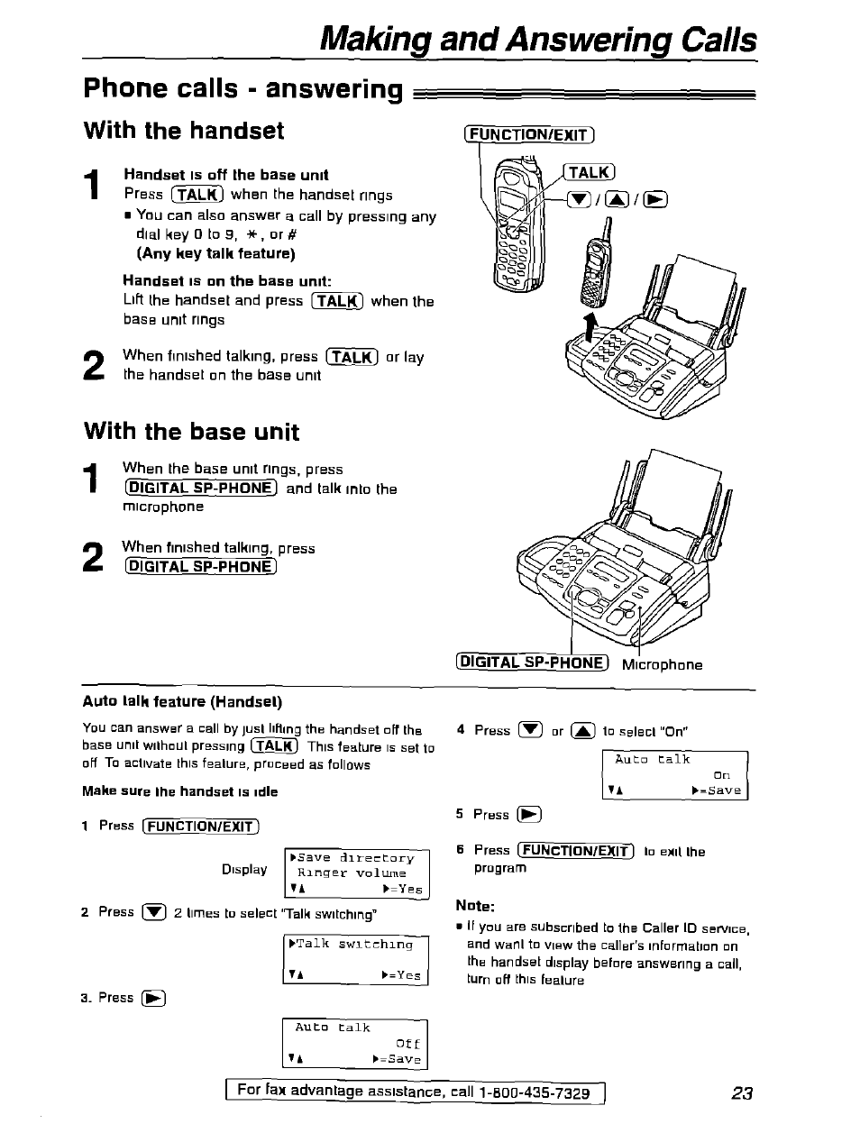 Phone calls - answering, With the handset, Handset is on the base unit | With the base unit, Auto talk feature (handsel), Note, Making and answering calls phone calls - answering | Panasonic KX-FPG175 User Manual | Page 23 / 96