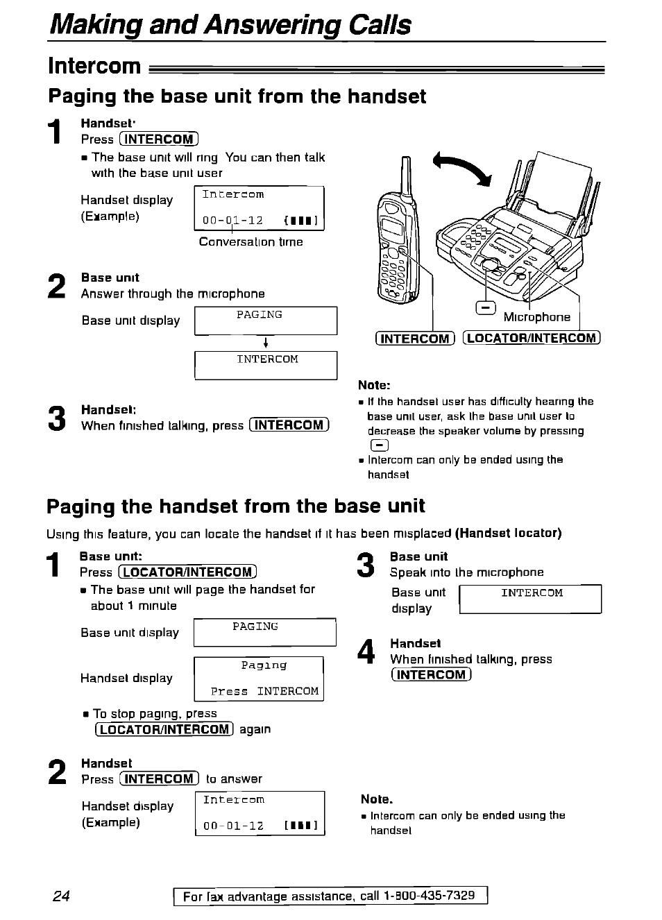Handset, Base unit, Handsel | Note, Paging the handset from the base unit, Making and answering calls intercom, Paging the base unit from the handset | Panasonic KX-FPG175 User Manual | Page 24 / 96
