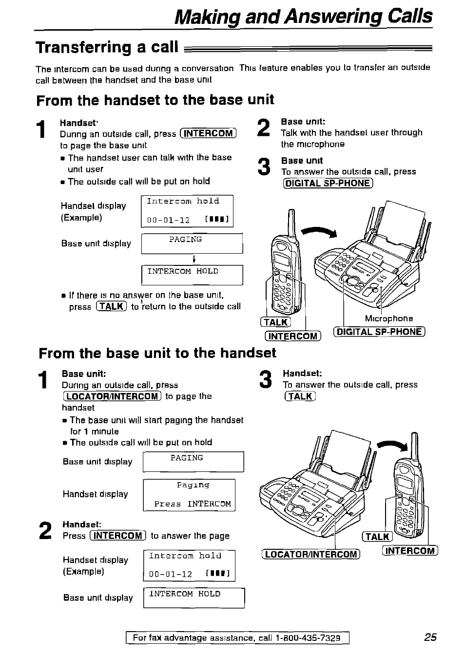 Transferring a call, From the handset to the base unit, Handset | Base unit, From the base unit to the handset, Making and answering calls transferring a call | Panasonic KX-FPG175 User Manual | Page 25 / 96