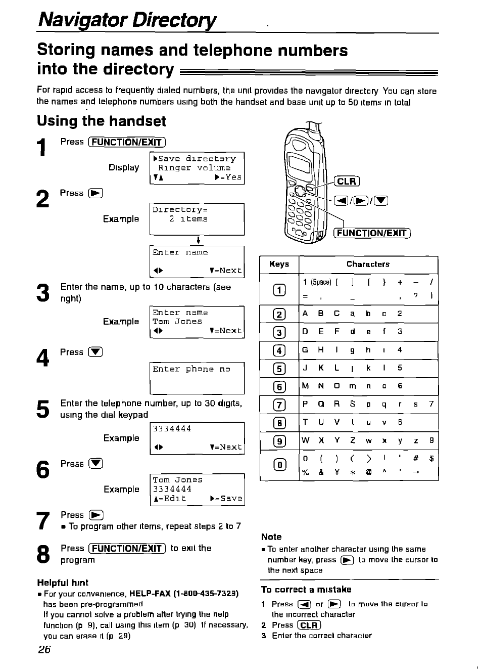 Using the handset, Press (function/exitl, Note | To correct a mistake | Panasonic KX-FPG175 User Manual | Page 26 / 96