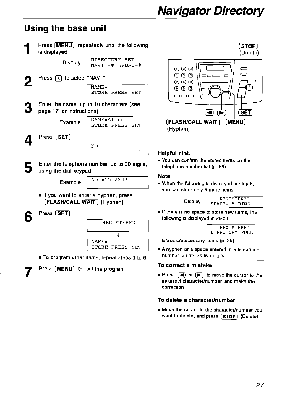 Using the base unit, Flash/call wait] [menu, Helpful hint | Note, To correct a mistake, To delete a characler/number, Navigator directory, Co co | Panasonic KX-FPG175 User Manual | Page 27 / 96