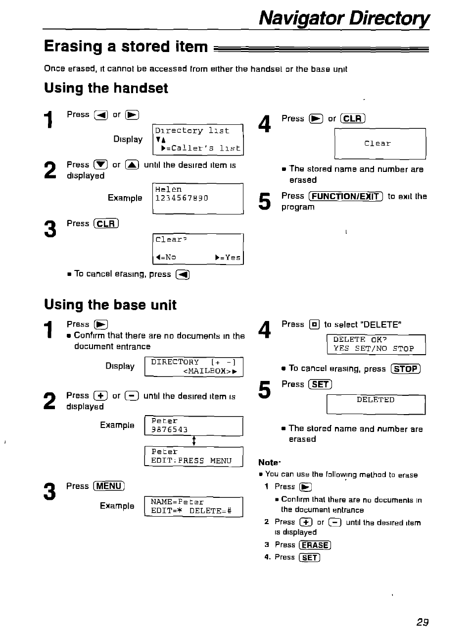 Erasing a stored item, Using the handset, Using the base unit | Navigator directory erasing a stored item | Panasonic KX-FPG175 User Manual | Page 29 / 96